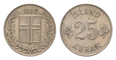 Исландия 25 эйре 1958 KM 11 медно-никель 4690-614
