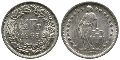 Швейцария 1/2 франка 1968 В KM 23а.1 медно-никель 220-441