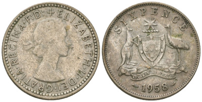 Австралия 6 пенсов 1958 m, Елизавета II (1952-2022) KM 58 серебро 4615-1019