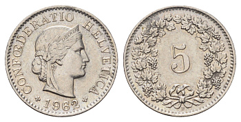 Швейцария 5 раппеноов 1962 B KM 26 медно-никель 4682-131