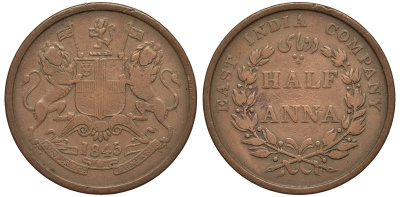 Британская Индия 1/2 анна 1845 Британская Ост-Индская компания KM 447.1 медь 00-00