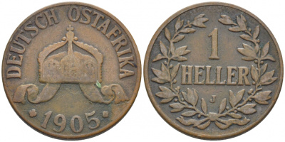 Немецкая Восточная Африка (Танзания) 1 геллер 1905 J, Ost-Africa Jaeger 716, KM 7 бронза 4448-435