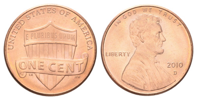 США 1 цент 2010 D, Авраам Линкольн KM 468 цинк плакированный медью UNC 4668-945