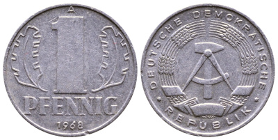 ГДР 1 ПФЕННИГ 1968 А КМ 8.1 алюминий 4110-1759