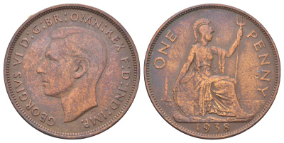 Великобритания 1 пенни 1938 Георг VI (1936-1952) KM 845, Spink 4114 бронза 4692-623