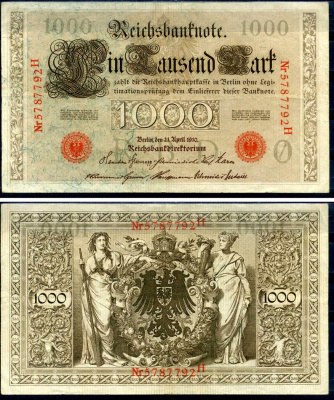 Германия 1000 марок 1910 21 апреля 1910, красная печать, номер семизначный, серия H, буква O, выпуск АПРЕЛЬ - ИЮЛЬ 1918 Pick 44 b бумага 2194-35-1-1