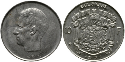 Бельгия 10 франков 1971 Belgique, Бодуэн I (1951-1993) KM 155.1 никель 41-813