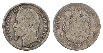 Франция 1 франк 1867 K, Наполеон III (1852-1870) KM 866.3 серебро 51-1735