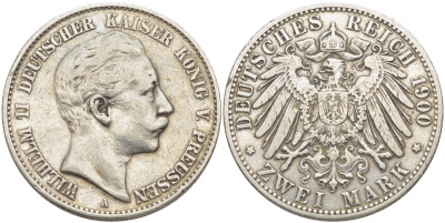 Пруссия 2 марки 1900 A, Вильгельм II (1888-1918) J.102, Weege 101, KM 522 серебро 3896-1112
