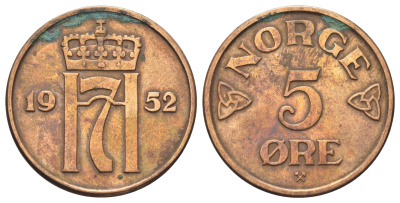 Норвегия 5 эре 1952 Хокон VII (1905-1957) KM 400 бронза 4700-742