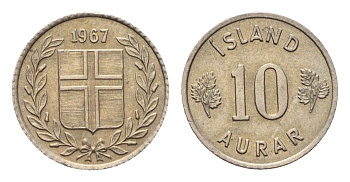 Исландия 10 эйре 1967 KM 10 медно-никель aUNC 4696-266