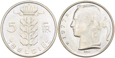 БЕЛЬГИЯ 5 ФРАНКОВ 1977 BELGIE, БОДУЭН I (1951-1993) KM 135.1 медно-никель 4364-1142