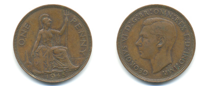Великобритания 1 пенни 1945 Георг VI (1936-1952) KM 845, Spink 4114 бронза 89-221