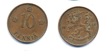 Финляндия 10 пенни 1930 республика (1918-1962) KM 24 медь 51-5326