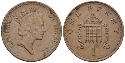 Великобритания 1 пенни 1988 Елизавета II (1952-2022) KM 935, Spink 4381 (B3) бронза 4609-524
