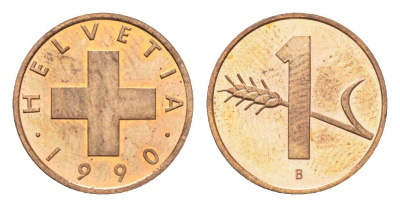 Швейцария 1 раппен 1990 B KM 46 бронза UNC 4708-314