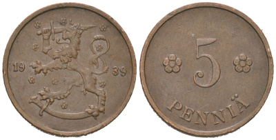 Финляндия 5 пенни 1939 KM 22 медь 4115-357