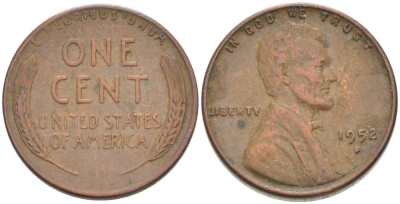 США 1 ЦЕНТ 1952 D, ЛИНКОЛЬН KM А132 медь цинк 3309-814