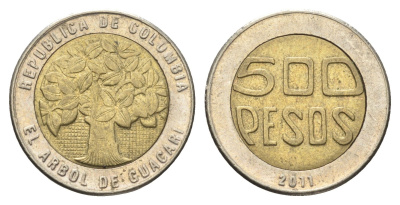 Колумбия 500 песо 2011 KM 286 биметалл 4663-513