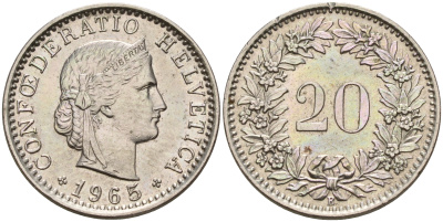 Швейцария 20 раппенов 1965 B KM 29a медно-никель    4161-653