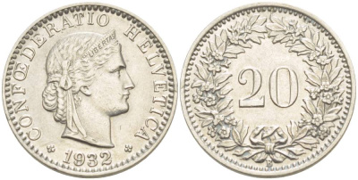 ШВЕЙЦАРИЯ 20 РАППЕНОВ 1932 В KM 29 никель 4514-1113