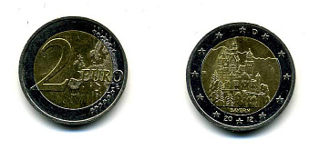 Германия 2 евро 2012 A, Бавария, Замок Нойшванштайн, серия Федеральные земли Германии KM 305 биметалл 51-5117