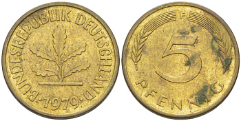 ФРГ 5 ПФЕННИГОВ 1979 F KM 107, J. 382 сталь плакированная латунью 4181-962