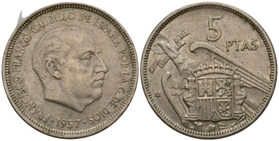 Испания 5 песет 1957 (73) Франсиско Франко (1939-1975) KM 786 медно-никель 186-732
