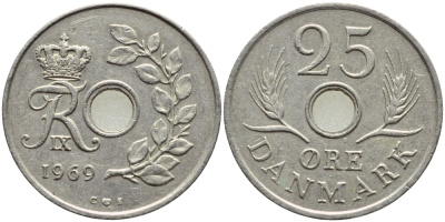 Дания 25 эре 1968 С;S, Фредерик IX (1947-1972) KM 855.1 медно-никель 4397-214