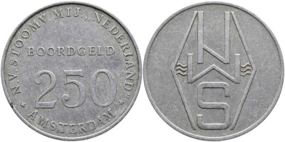 Нидерланды жетон 250 центов XX век BOORDGELD - корабельные деньги, использовались на кораблях при вывозе эмигрантов, для предотвращения вывоза валюты  алюминий    118-535