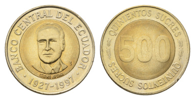 Эквадор 500 сукре 1997 70 лет Центробанку KM 102 биметалл UNC 4697-442