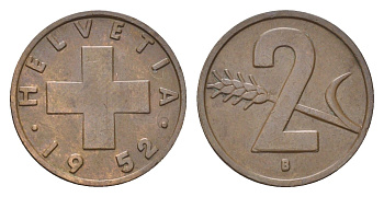 Швейцария 2 раппена 1952 B KM 47 бронза 4708-323
