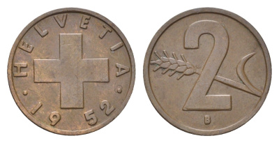 Швейцария 2 раппена 1952 B KM 47 бронза 4708-323