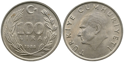 ТУРЦИЯ 100 ЛИР 1988 KM 967 медь никель цинк 3334-325