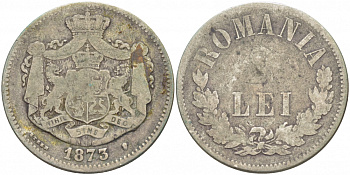 Румыния 2 лея 1873 b, Кароль I как принц (1866-1881) KM 8 серебро 4402-656