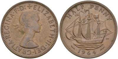 Великобритания 1/2 пенни 1964 Елизавета II (1952-2022) KM 896, Spink 4158 бронза 4153-844