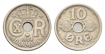 Дания 10 эре 1924 HCN; GJ, Кристиан X (1912-1947) KM 822 медно-никель 4705-734