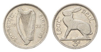 Ирландия 3 пенса 1928 заяц KM 4 никель 4696-426