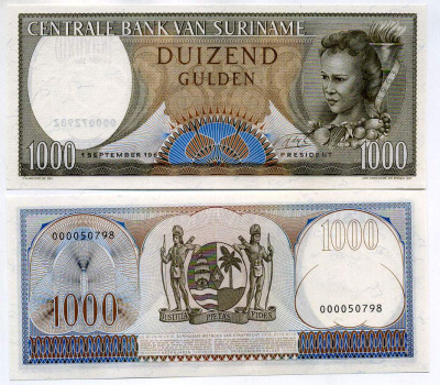 Суринам 1000 гульденов 1963 женщина с фруктами Pick 124 бумага UNC (пресс) 451-402-2