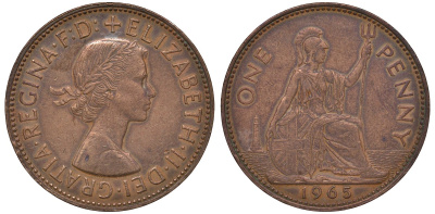 Великобритания 1 пенни 1965 Елизавета II (1952-2022) КМ 897, Spink 4157 бронза 4131-513