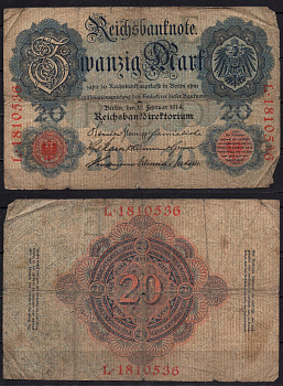 Германия 20 марок 1914 Pick 46b бумага 8592-31-1-1