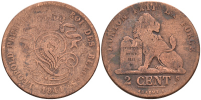 Бельгия 2 сантима 1844  KM 4.2 медь 4595-153