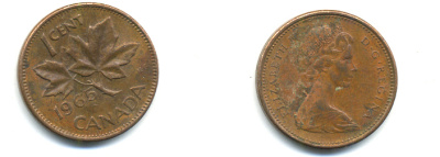Канада 1 цент 1965 Елизавета II (1952-2022), кленовый лист KM 59.1 бронза 177-1332
