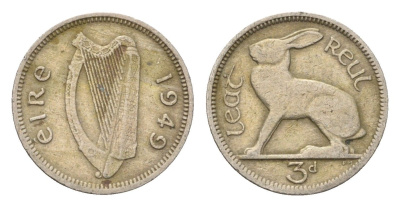 Ирландия 3 пенса 1949 заяц KM 12a медно-никель 4696-438