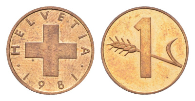 Швейцария 1 раппен 1981 KM 46 бронза UNC 4708-265