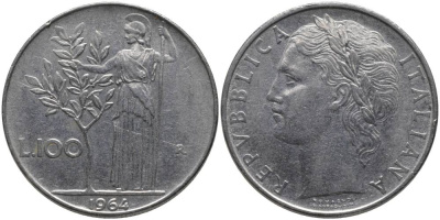 ИТАЛИЯ 100 ЛИР 1964 R, АФИНА KM 96.1 нержавеющая сталь 32-526