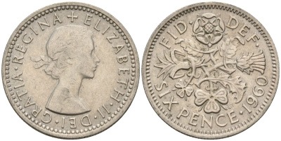 Великобритания 6 пенсов 1960 Елизавета II (1952-2022) KM 903, Spink 4149 медно-никель 4596-1043