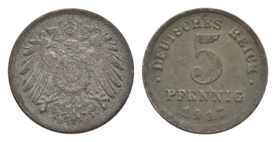 Германия 5 пфеннигов 1917 J, Вильгельм II (1888-1918) KM 19, J. 297, Weege 5 железо плакированное цинком 4640-161