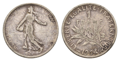 Франция 1 франк 1904 KM 844 серебро 51-2027
