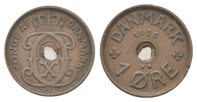 Дания 1 эре 1936 N, Кристиан X (1912-1947) KM 826 бронза 4701-612